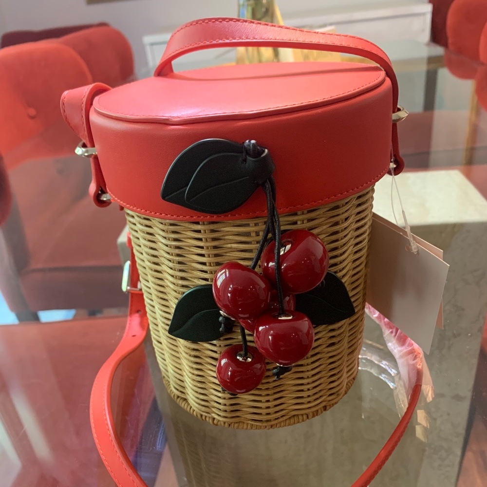 Kate Spade Picnic Crossbody Cherry Bucket  Purse  Wicker tan New with tags NWT
